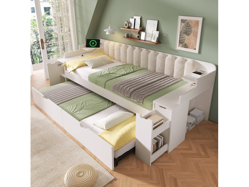  Lit gigogne 90x200 cm blanc avec rangement, chargeurs usb et dossier sherpa  - Conforama B