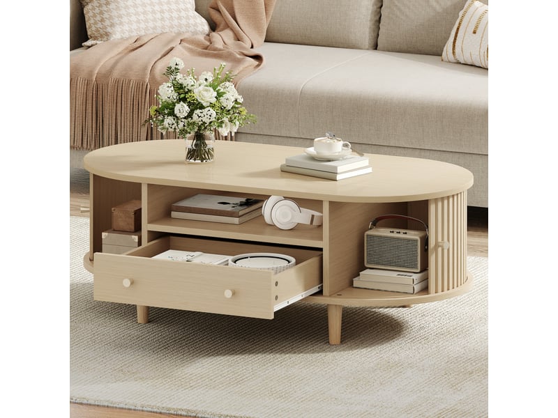 Table basse ovale 100x50x36 cm avec tiroir et porte tambour, mdf décor chêne  - Conforama W