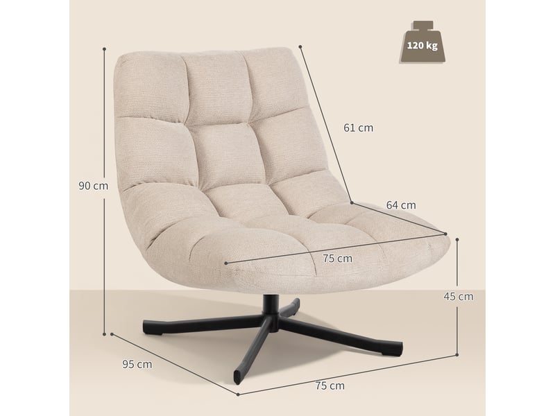  Fauteuil salon sans accoudoirs, chaise pivotante en tissu chenille, 75 x 95 x 90 cm, assise large, crème  - Conforama C