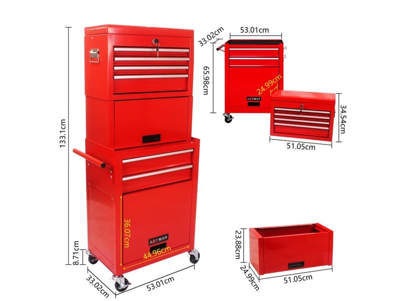  Armoire à outils sur roues - 6 tiroirs - rouge - acier - 26.6 kg - verrouillable - roues universelles 60x33x110cm - Conforama D