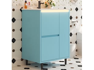 Meuble sous vasque 61 x 46,5 x 87 cm bleu, mdf laqué et céramique, 1 porte, 2 tiroirs, sur pieds hauts