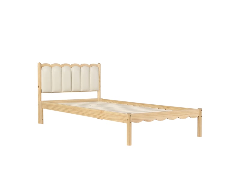  Lit d'enfant 90 x 200 cm, tête de lit rembourrée en pu, cadre en bois massif,beige  - Conforama E