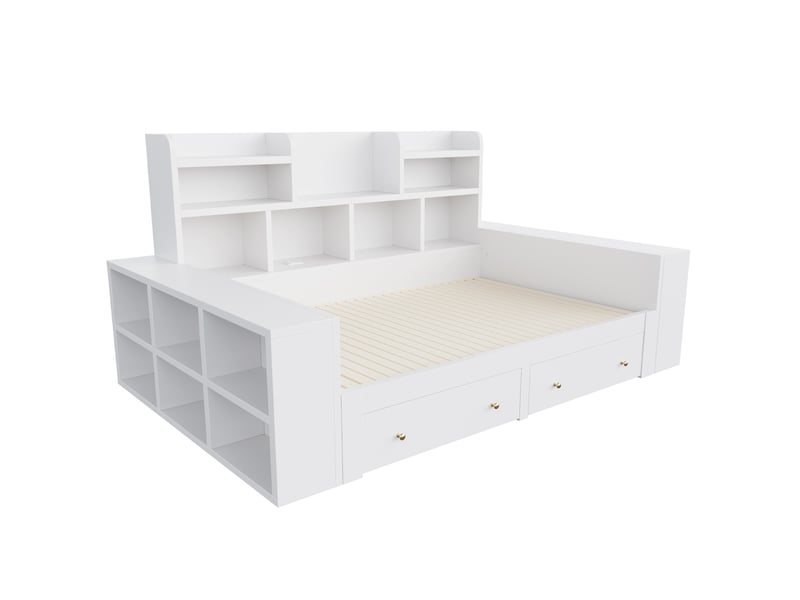  Lit enfant 90x200 cm extensible 180 cm, lit multifonctionnel avec rangement et led, bois blanc, sans matelas  - Conforama D