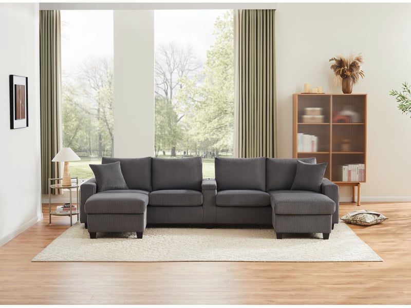 Canapé modulable en u 334x128,5 cm – gris – velours côtelé, led, rangement, usbtype-c et 2 poufs mobiles - Conforama B
