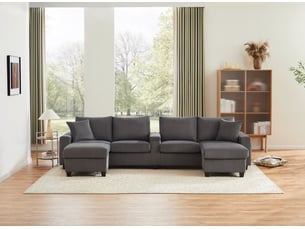 Canapé modulable en u 334x128,5 cm – gris – velours côtelé, led, rangement, usbtype-c et 2 poufs mobiles