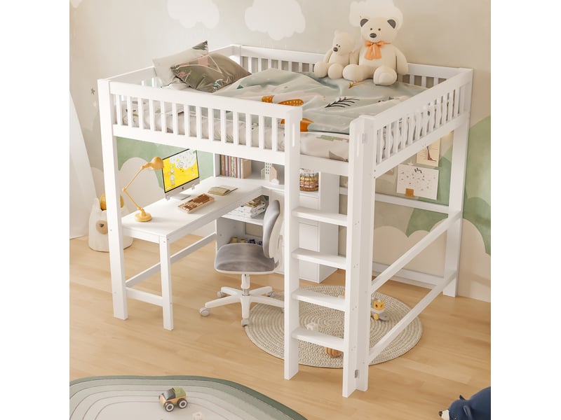  Lit mezzanine enfant 140 x 200 cm avec bureau, rangements et échelle blanc  - Conforama C