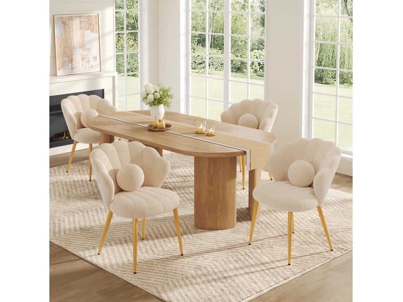  Lot de 4 chaises de salle à manger 60x62,5x83 cm, dossier coquillage, coussins, tissu teddy, pieds dorés, beige  - Conforama B
