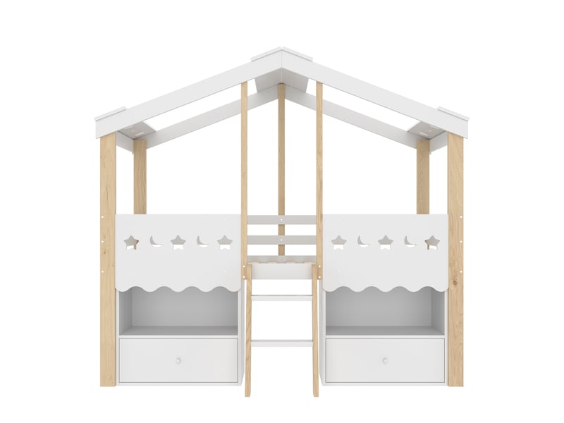Lit mi-hauteur cabane enfant 90x200 cm 2 tiroirs led garde-corps échelle pin blanc naturel sans matelas - Conforama A