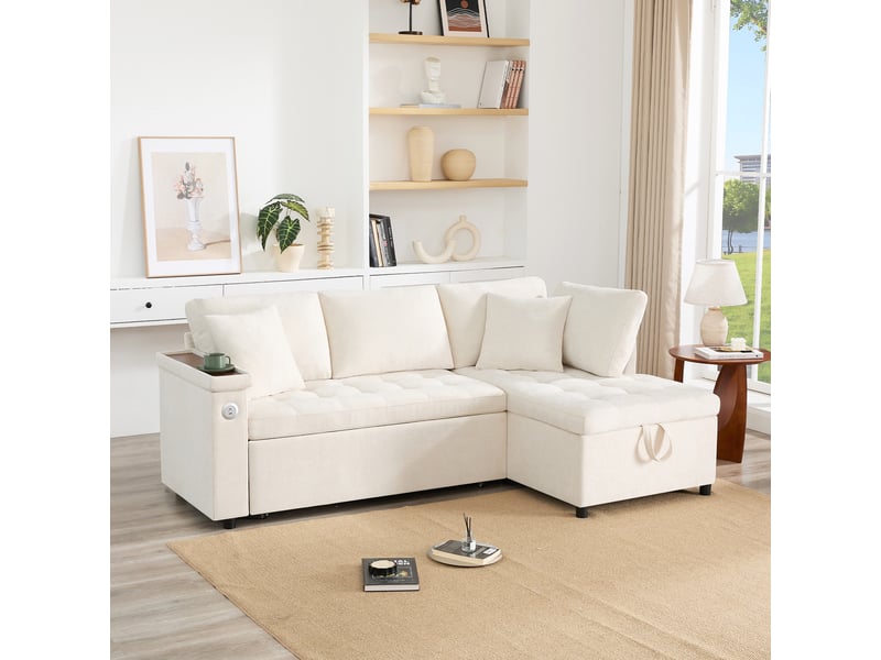 Canapé d'angle convertible moderne avec espace de rangement, port de charge usb, compartiments de rangement dans les accoudoirs et deux coussins – beige. - Conforama E