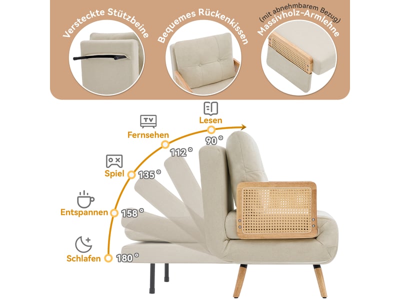  Fauteuil convertible, fauteuil relax, beige, dossier réglable, avec accoudoirs  - Conforama W
