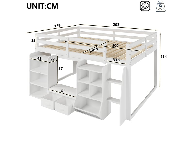  Lit mi-hauteur 140x200 cm avec étagères et 2 tiroirs en tissu, lit enfant avec coin lecture et coussin d'assise, gain de place en pin et mdf blanc  - Conforama E