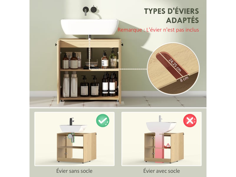 Meuble sous lavabo 60 cm, 2 portes à fermeture douce, bois naturel  - Conforama R