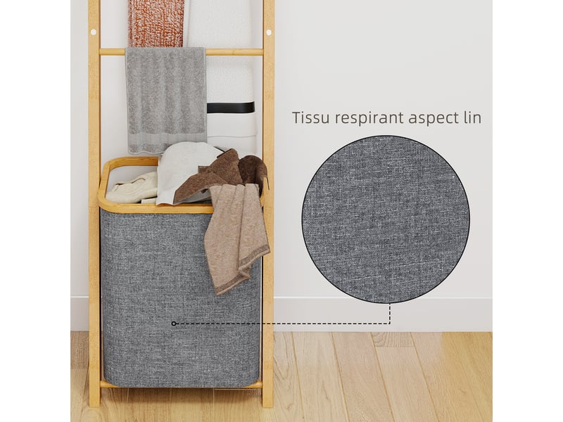  Porte-serviettes bambou avec panier à linge, échelle porte-serviettes avec 1 panier à linge, gris, 43 x 35 x 133 cm  - Conforama R