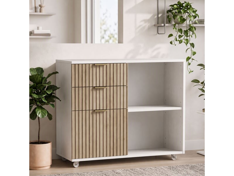  Support d'imprimante sur roulettes, 3 tiroirs, 2 étagères ouvertes, design ondulé, 80x40x68cm, blanc chêne  - Conforama A