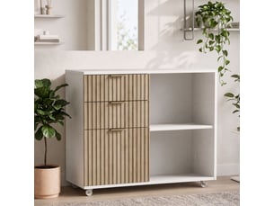 Support d'imprimante sur roulettes, 3 tiroirs, 2 étagères ouvertes, design ondulé, 80x40x68cm, blanc chêne