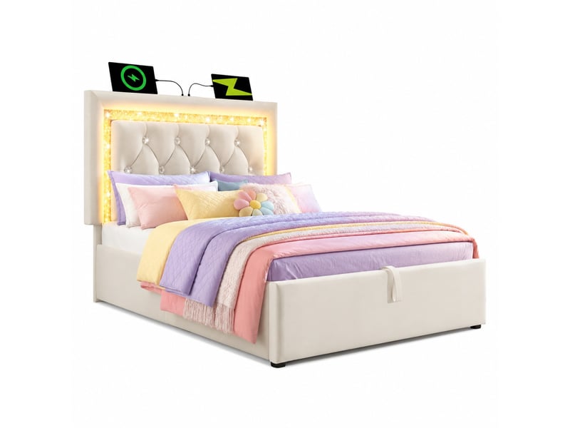 Lit coffre 90x200 cm avec led et ports usb type c en velours beige  - Conforama A