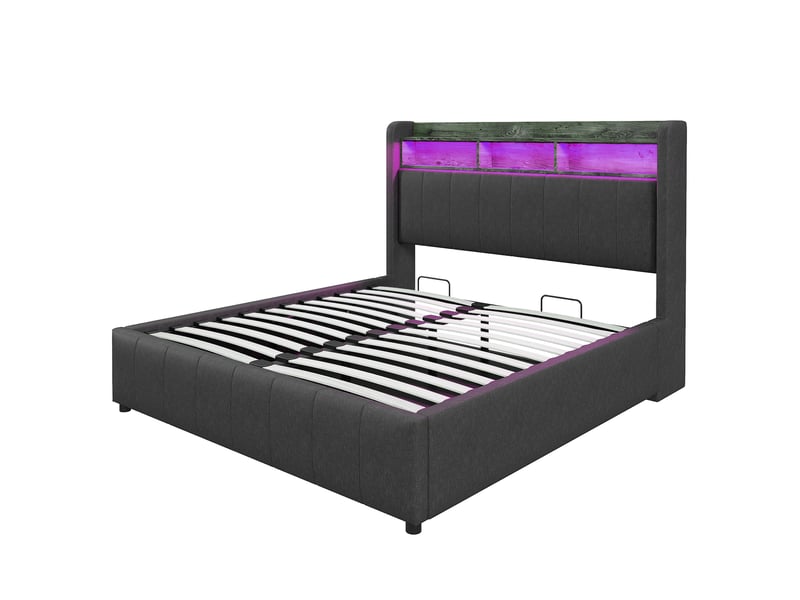  Lit double 160x200 cm en lin gris – rangement hydraulique, led, usb, tête à étagères  - Conforama A