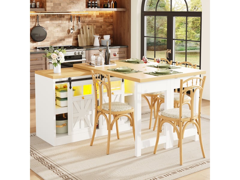 Îlot de cuisine extensible 3 en 1 avec table à manger pivotante à 360°, portes coulissantes style grange, éclairage led rgb contrôlé par application, espace de rangement intégré avec porte-bouteilles, blanc - Conforama E