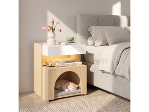 Table de chevet moderne avec niche intégrée et éclairage LED, 47 x 39 x 58 cm, panneau de particules, blanc et bois naturel