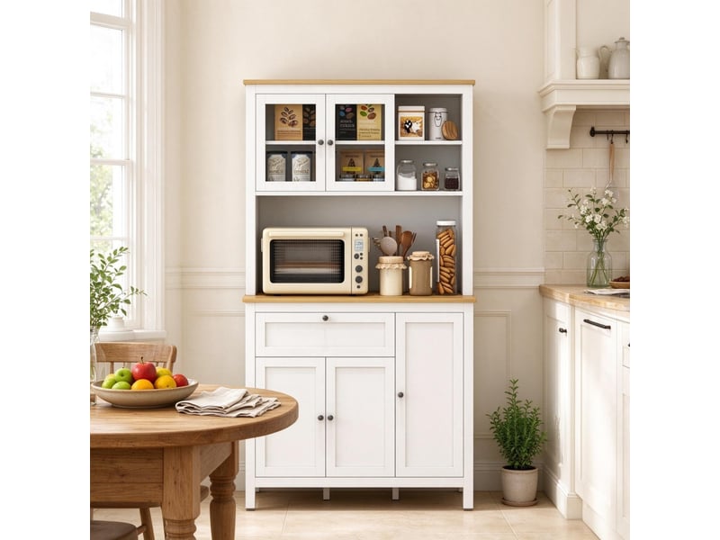  Buffet de rangement - buffet haut de cuisine avec 5 portes (dont 2 portes vitrées), blanc, 1 tiroir et niche centrale  - Conforama B