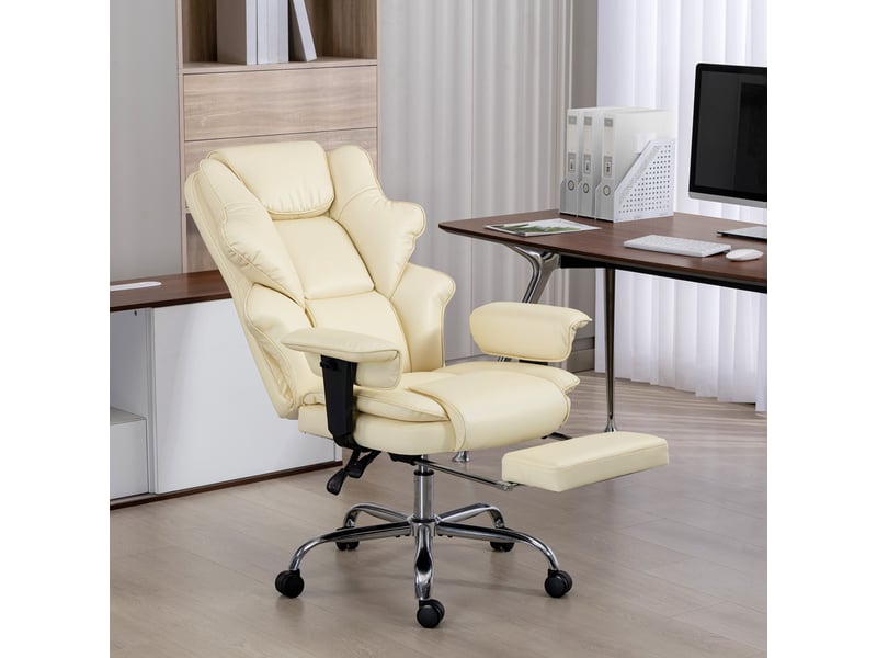  Chaise de bureau avec repose-pieds et appui-tête, cuir pu, mousse et métal, 76 x 73 x 117-125 cm, blanc crème  - Conforama B