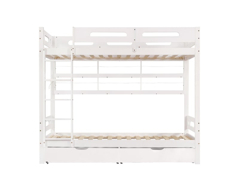 Elvmi lit superposé enfant 90x200 cm avec barrière de sécurité intégrale, échelle à 5 marches, 2 tiroirs sur roulettes et étagères ouvertes latérales réglables, structure en bois massif de pin et mdf, blanc et naturel - Conforama A