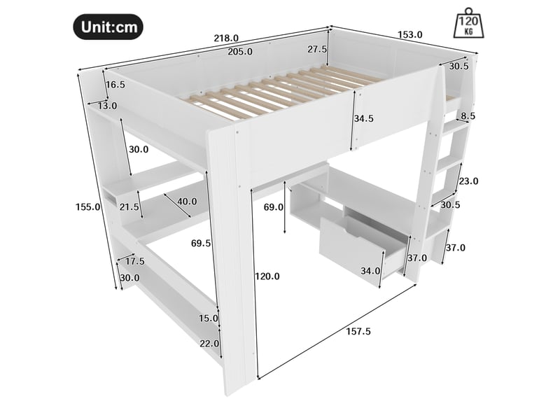  Lit mezzanine 140x200 cm avec bureau, led et rangements, coloris blanc  - Conforama C