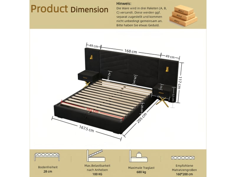  Lit coffre réglable 160×200 cm avec rangement et tête verticale capitonnée - deux tables de chevet et led latérales - bois et velours - noir CozyNest - Conforama C
