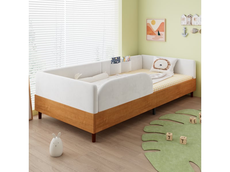  Lit enfant capitonné 90x200cm blanc et naturel, velours et bois, 2 poches et bord anti-choc  - Conforama E