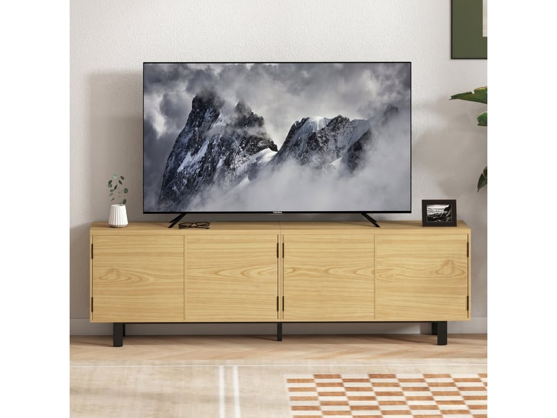  Meuble tv 180 cm, meuble télé pour 82 pouces avec 4 portes à ouverture par pression bois naturel 180x35x55,5cm  - Conforama W