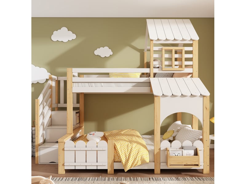  Lit superposé enfant 3 places 90 × 200 cm et 140 × 200 cm, escalier de rangement, sans matelas, blanc et chêne  - Conforama C