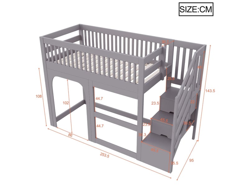 Lit mezzanine enfant 90 x 200 cm décor porte et fenêtre échelle d'accès rangement intégré rangement ouvert sous le lit éclairage led barrière de sécurité coloris gris  - Conforama C