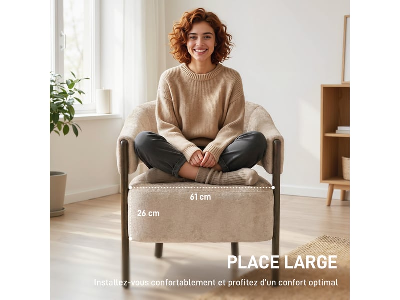  Fauteuil de salon en chenille, chaise rembourrée, assise large, dossier ergonomique, 71x63,5x78,5cm, accoudoirs, beige  - Conforama D