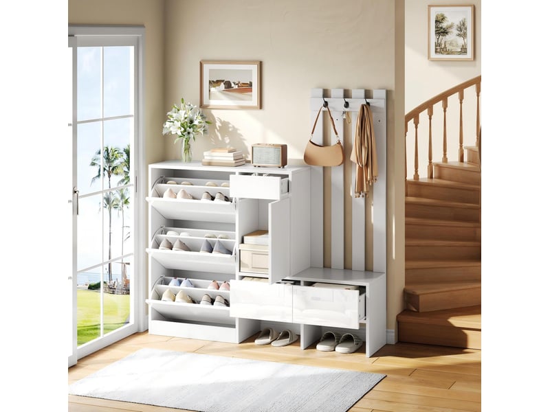  Meuble d'entrée avec 3 abattants à chaussures, 3 tiroirs, banc et patères pour couloir, mdf blanc, 160 × 35 × 160 cm  - Conforama B