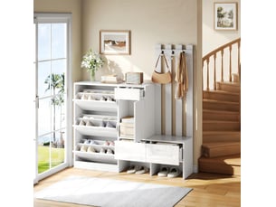 Meuble d'entrée avec 3 abattants à chaussures, 3 tiroirs, banc et patères pour couloir, mdf blanc, 160 × 35 × 160 cm