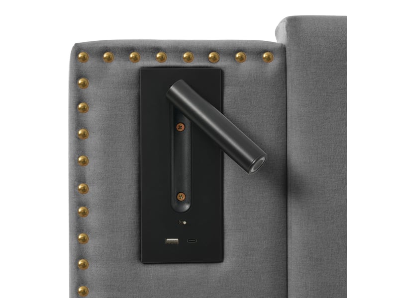  Lit coffre 160x200 avec liseuse et ports usbtype-c, tête de lit à rivets, gris sans matelas  - Conforama D