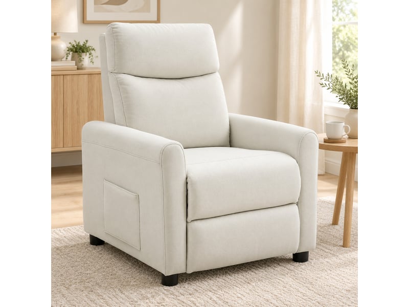  Fauteuil relax 73x86x100 cm inclinable à 145°, poches latérales, polyester blanc crème  - Conforama C