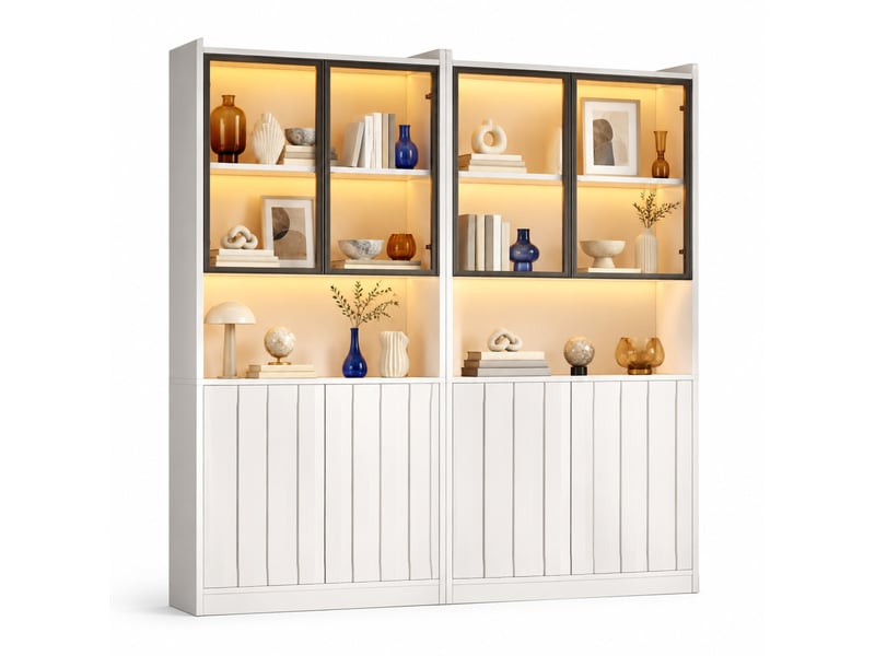 Vitrine double led avec 8 portes, 10 espaces et étagères réglables pour salon et entrée, blanc, 160 × 35 × 200 cm - Conforama A