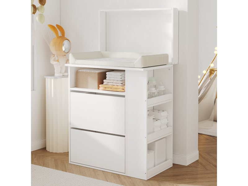  Commode à langer - 82x50x100 cm - commode à langer avec plan à langer amovible, tiroirs et étagères latérales - blanc  - Conforama B