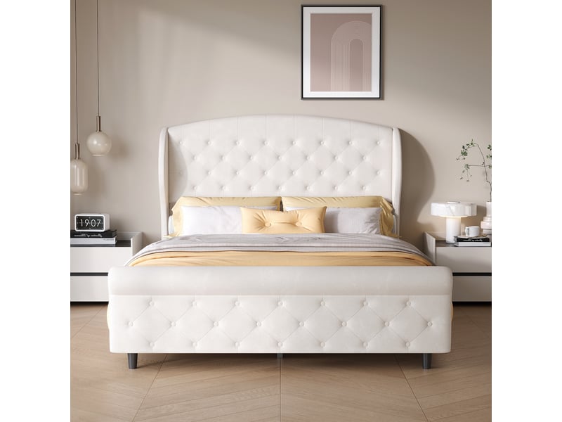 Lit 140x200cm - lit double 140x200 - rembourré velours avec tête & pied capitonnés chesterfield & sommier à lattes - beige - Conforama B
