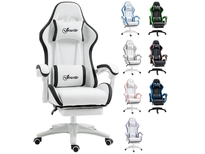  Fauteuil de jeu en similicuir, réglable en hauteur, inclinable à 135°, avec appui-tête et repose-pieds, 65 x 65 x 121-129 cm, blanc  - Conforama A