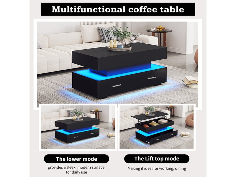  Table basse - hydraulique réglable - 100x50x44 cm - éclairage led - 2 tiroirs  - Conforama R