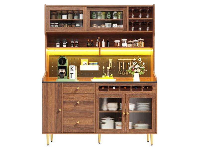  Armoire haute de cuisine vaisselier avec éclairage led, finition couleur noyer, 145x39x171cm  - Conforama A