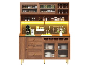 Armoire haute de cuisine vaisselier avec éclairage led, finition couleur noyer, 145x39x171cm