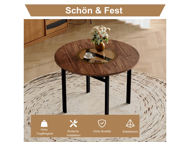  Ensemble table et chaises avec table ronde et 2 fauteuils  - étagère en verre - mdf, métal, tissu - marron noir  - Conforama E