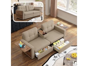 Canapé droit 2 places en chenille 178 x 71 cm avec rangement intégré, tablette rabattable, porte-gobelets et assise réglable - kaki