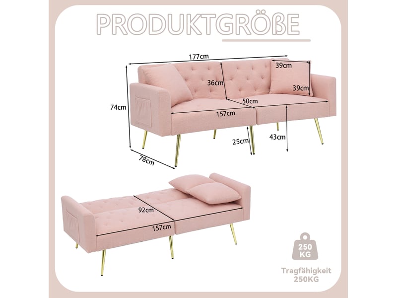  Canapé convertible 2 places avec dossier réglable 3 positions, 2 coussins et pieds en métal doré, en teddy rose  - Conforama D