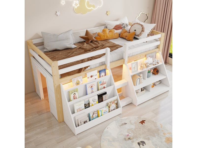  Lit mezzanine enfant 90 x 200 cm avec étagères et éclairage led, échelle latérale et garde-corps, escalier de rangement, pin, blanc Morn Vibe - Conforama C