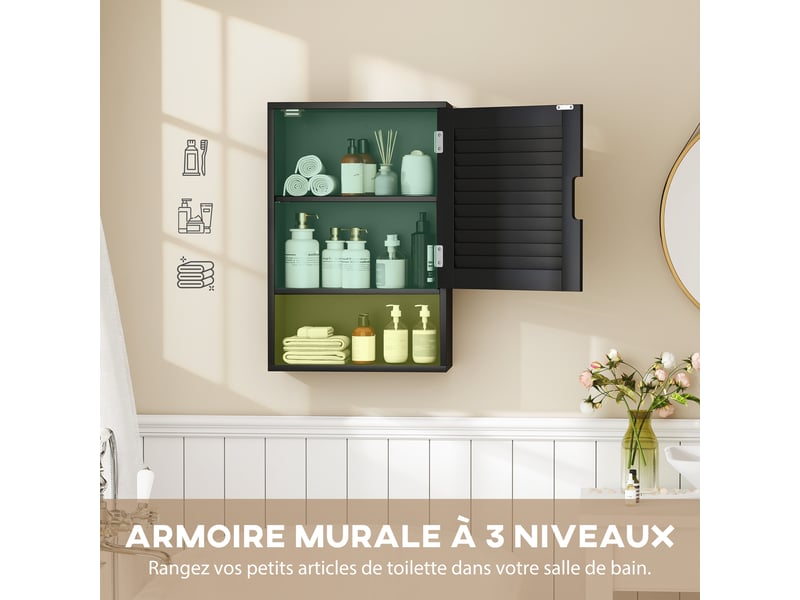  Armoire murale salle de bain porte persienne étagère niche noir  - Conforama D