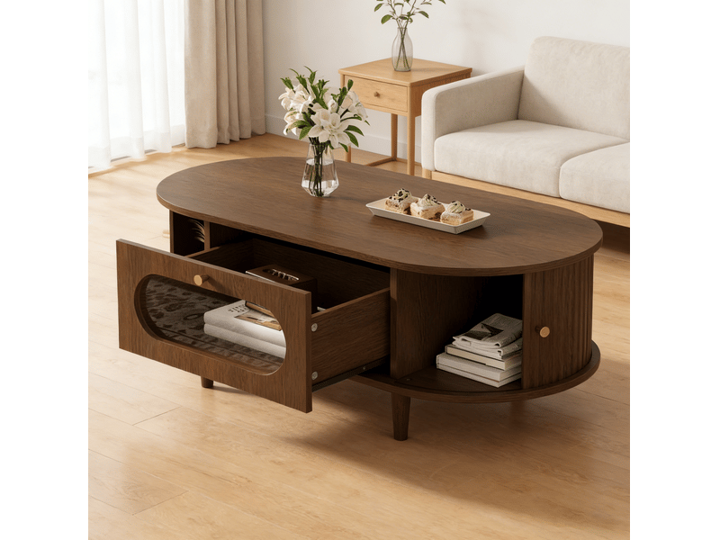  Table basse ovale 100x50x36 cm, table de salon, avec 1 tiroir et portes coulissantes, table d'appoint, en mdf, noyer  - Conforama E